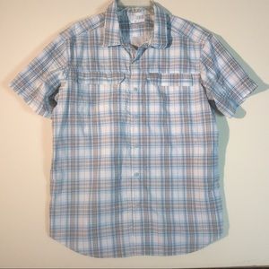 Columbia Sz L Large Blue Plaid Short Sleeve Collor Poly Nylon Blend Casual Shirt
